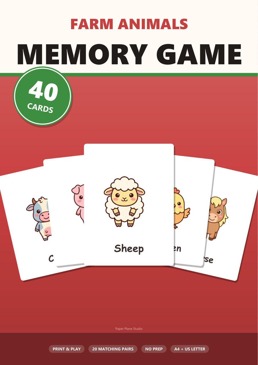 Cover of the free printable farm animals memory game