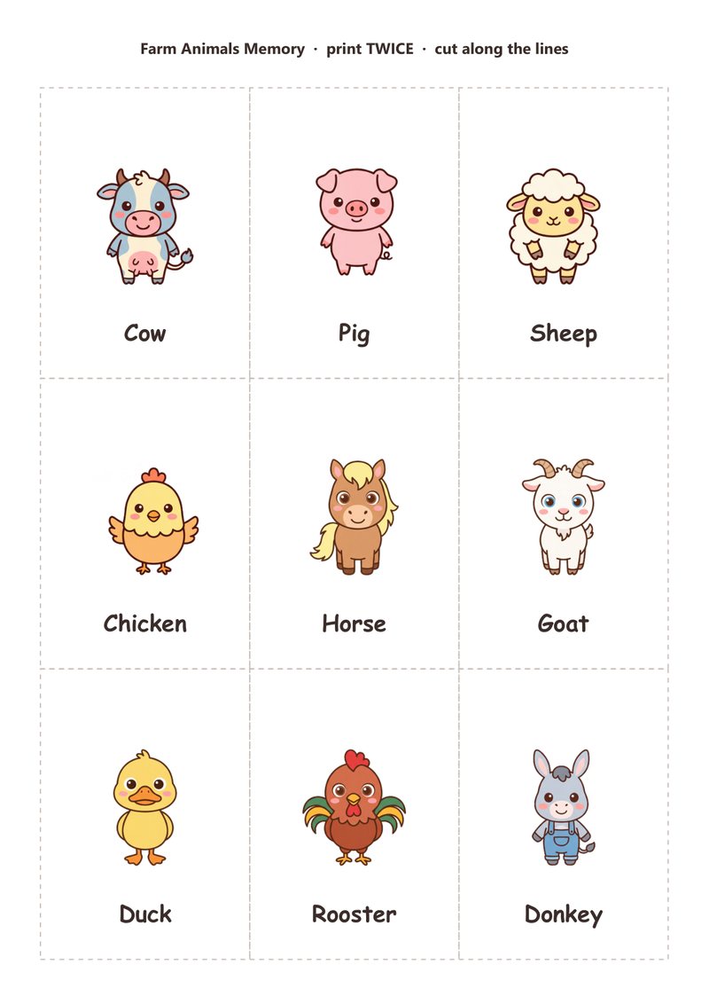 A page of the memory game showing nine labelled animal cards