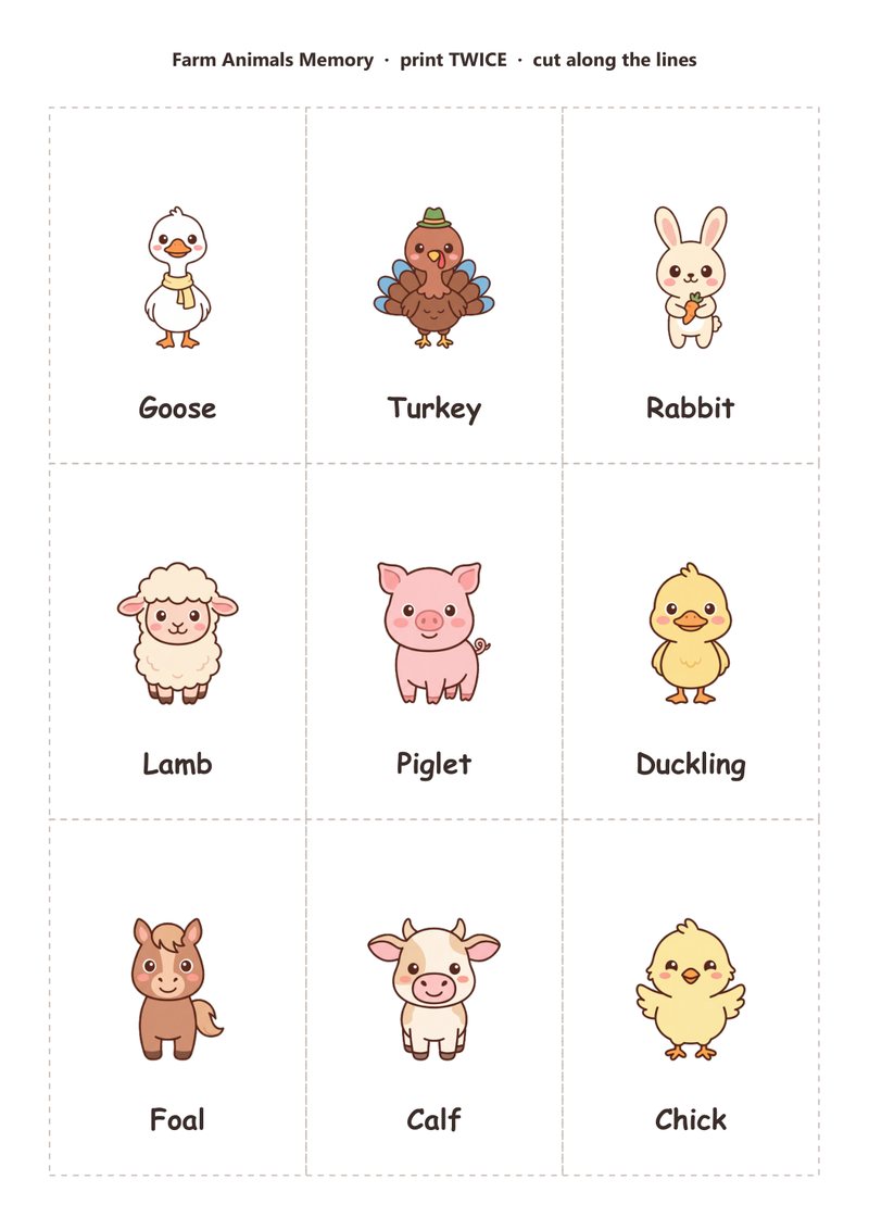 A second page of labelled animal cards ready to cut out