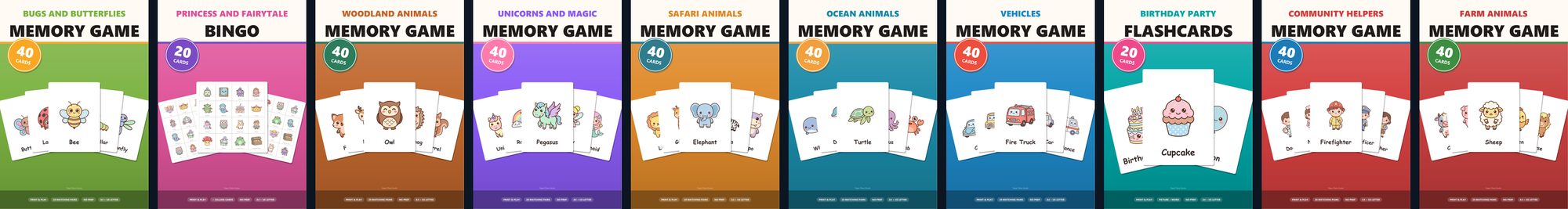 A row of printable game covers: bugs, princess, woodland animals, unicorns, safari, ocean, vehicles, birthday, community helpers and farm animals